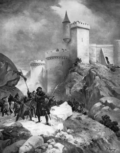 King Richard I (1157-1199) receiving his death wound before the castle of Chaluz, 19th century. Artist: Henri-Louis Dupray