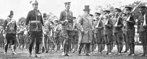 Private School Prints: The King at Rugby School - officers training corps, 1909. Creator: Montague Dixon