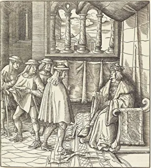 A King on a Throne, before him Four Men, 1514/1516. Creator: Leonhard Beck