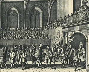 Trumpets Prints: The Kings Challenger Entering Westminster Hall, 1684, (1947). Creator: M. Yeates