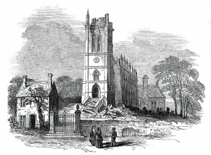 King's Norton Church, Leicestershire, Struck by Lightning, 1850. Creator: Unknown