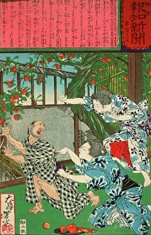 Taiso Prints: Kino Stabbing Her Husband with a Fruit Knife, 1875. Creator: Tsukioka Yoshitoshi