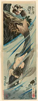 Tsukioka Yoshitoshi Gallery: Kintaro Captures the Carp (Kintaro rigyo o torau), July 1885