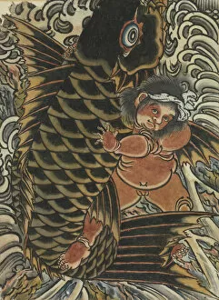Scroll Collection: Kintaro with Carp, 19th century. Creator: Unknown