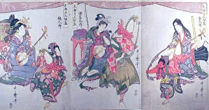 Kintaro, Urashimataro, and Momotaro, from the triptych Set of Three Sake Cups for the... c1800/01. Creator: Kitagawa Utamaro. Kintaro, Urashimataro, and Momotaro, from the triptych Set of Three Sake Cups for the... c1800/01