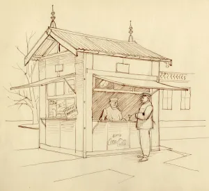 Shirley Jane Prints: Kiosk selling drinks, Paris, France, c1951. Creator: Shirley Markham