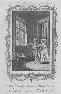 Villain Prints: Kirkes villainy & cruelty to a young woman who beg d him to save his brothers life, 1773
