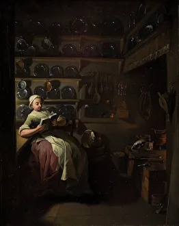 Cooking Pots Prints: Kitchen Interior with a Girl Reading, 1764. Creator: Jens Juel