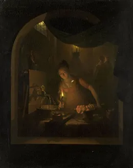 Housework Prints: Kitchen by Lamplight, 1817. Creator: Adriaan Meulemans