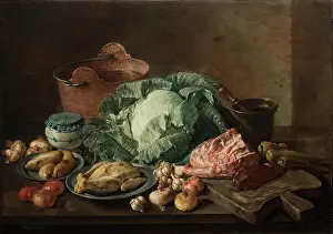 Kitchenware Prints: A kitchen still life with meat and vegetables on a table top