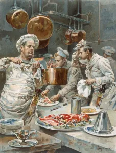 Kitchen Prints: In the Kitchen preparations for Christmas Eve Dinner in a Paris Restaurant