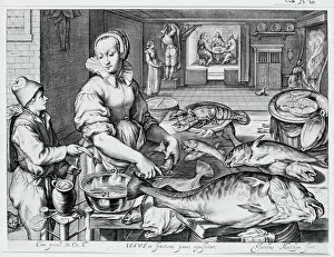 Kitchen Scene with Kitchen Maid Preparing Fish, Christ at Emmaus in the Background, fr... ca. 1603