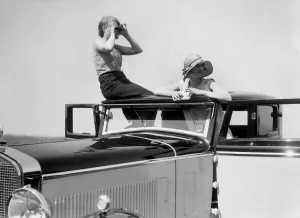 Kitty Brunell road testing a 1931 Delage D8. Artist: Bill Brunell