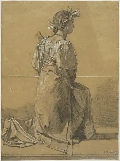 Crayon Prints: Kneeling Female Figure with Mandolin and Crowned with a Laurel Wreath