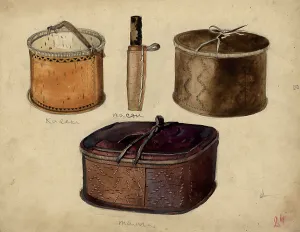 Knife pa, birch bark bucket kol and basket tamga, Selkups, 1920. Creator: A. G. Vargin. Knife pa, birch bark bucket kol and basket tamga, Selkups, 1920. Creator: A. G. Vargin