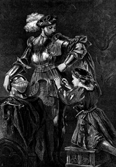 Gilbert Sir John Prints: A Knight Arming, by Sir John Gilbert; Exhibition of the Society of Painters in Water Colours