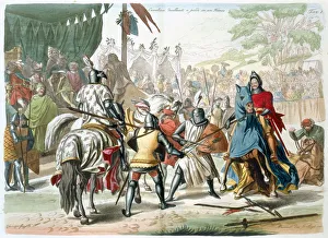 Tournament Prints: Knights duelling on foot in a tournament, 19th century. Artist: G Lago