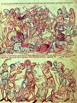 Bowman Prints: Knights and foot soldiers engaged in battle, c1320-1330. Creator: Unknown