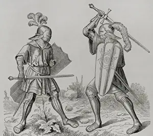 Knights wearing full armour, late 15th century (1877). Creator: Unknown