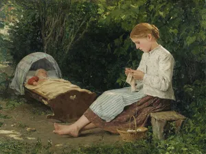 Albert 1831 1910 Prints: Knitting girl watching the toddler in a craddle