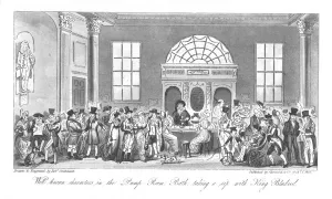 Robert Cruikshank Collection: Well known Characters in the Pump Room, Bath, taking a sip with King Bladud, 1825