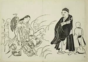 Walking Staff Gallery: Komachi resting on a stupa, no. 6 from a series of 12 prints, c. 1708