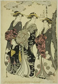 Eishi Chobunsai Collection: Komurasaki of the Kadotamaya with Attendants Hatsune and Shirabe, c. 1791. Creator: Hosoda Eishi