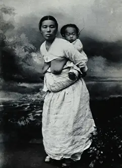 Carrying On Back Prints: A Korean (?) woman, carrying a baby on her back, approx 1900. Creator: Unknown