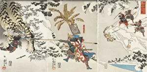 Tiger Prints: Koxinga Hunting the Tiger (Watonai tora-gari no zu), c. 1846. Creator: Kuniyoshi, Utagawa