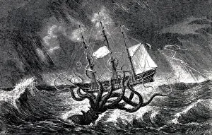 Sea Monster Prints: Kraken Attacking a Sailing Vessel During a Storm, 1870