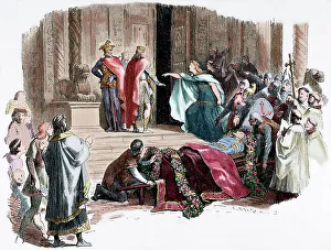 Kriemhild requiring the proof of the coffin, Nibelungenlied, Anonymous epic poem, 13th cent. (1882) Creator: Adolf Closs