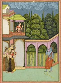 Krishna approaches Radha, folio from a Rasikpriya, dated 1690. Creator: Nuruddin