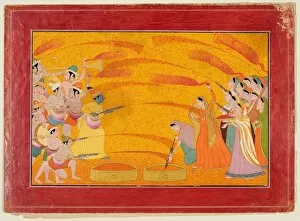 Opaque Watercolour And Gold On Paper Gallery: Krishna Celebrates Holi, c. 1770. Creator: Unknown