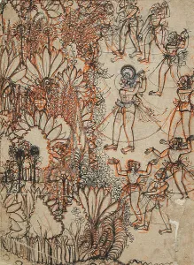 Line Drawing Prints: Krishna and the Cowherds at the Edge of a Forest, c1750. Creator: Unknown