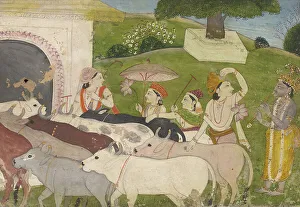 Flute Player Prints: Krishna and the Cowherds, mid 19th century. Creator: Unknown