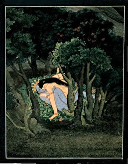 Buddhism Collection: Krishna embraced by Radha, ca 1775. Artist: Indian Art