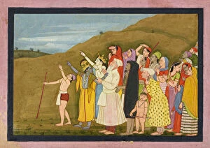 Krishna and his family admire a solar eclipse, perhaps a page from the '