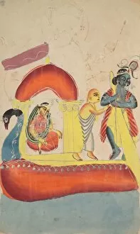 Kalighat Painting Gallery: Krishna Ferrying Radha Across the Yamuna River, 1800s. Creator: Unknown