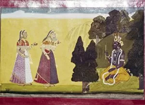 Nearing Gallery: Krishna with flute, approached by two ladies