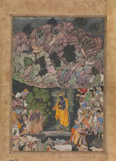 Akbar The Great Gallery: Krishna Holds Up Mount Govardhan to Shelter the Villagers of Braj, Folio from... ca