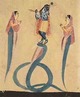 Kalighat Painting Gallery: Krishna as Kali Worshipped by Radha, 1800s. Creator: Unknown