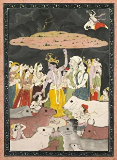 Colour And Gold On Paper Prints: Krishna Lifting Mt. Govardhana, c. 1780-1790. Creator: Unknown