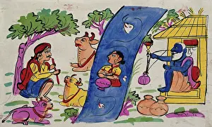 Krishna playing his flute to the cows and Radha who is immersed in the river... Creator: Unknown