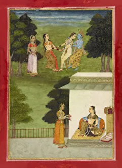 Krishna playing with the gopis, folio from a Rasikpriya, dated 1686 (Samvat 1743) Krishna playing with the gopis, folio from a Rasikpriya, dated 1686 (Samvat 1743)