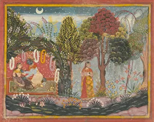 Love Story Gallery: Krishna and Radha in a Bower: Page From a Dispersed Gita Govinda, ca. 1665. Creator: Sahibdin