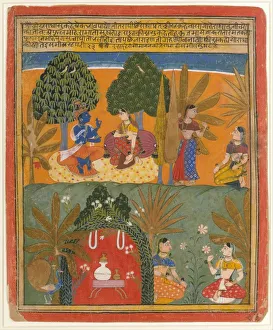 Krishna Prints: Krishna and Radha with Their Confidantes: Page from a Dispersed Gita Govinda, ca. 1655-60