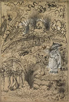 Kota Prints: Krishna and Radha Under Mt. Govardhan, c. 1720. Creator: Unknown