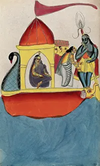 Krishna Prints: Krishna steering a peacock-headed boat carrying five women. Creator: Unknown