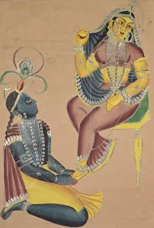Krishna Stroking Radhas Feet, 1800s. Creator: Unknown