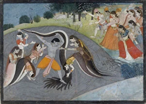Heroism Collection: Krishna Subduing Kaliya, the Snake Demon: Folio from a Bhagavata Purana Series, ca